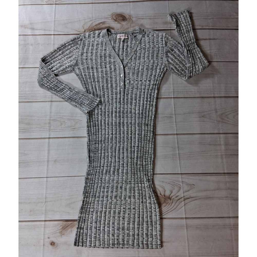 Willow & Wind Ribbed Knit Sweater Dress Womens M Gray V Neck Long Sleeve Button